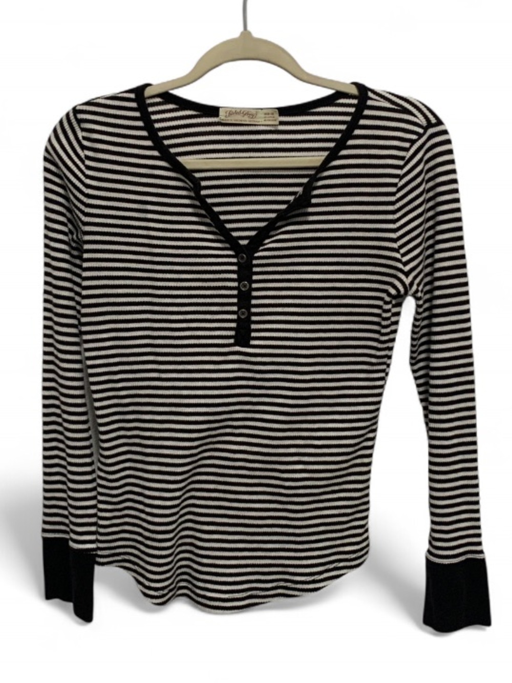 Y2K Faded Glory Black & White Striped Henley Long-Sleeve Top